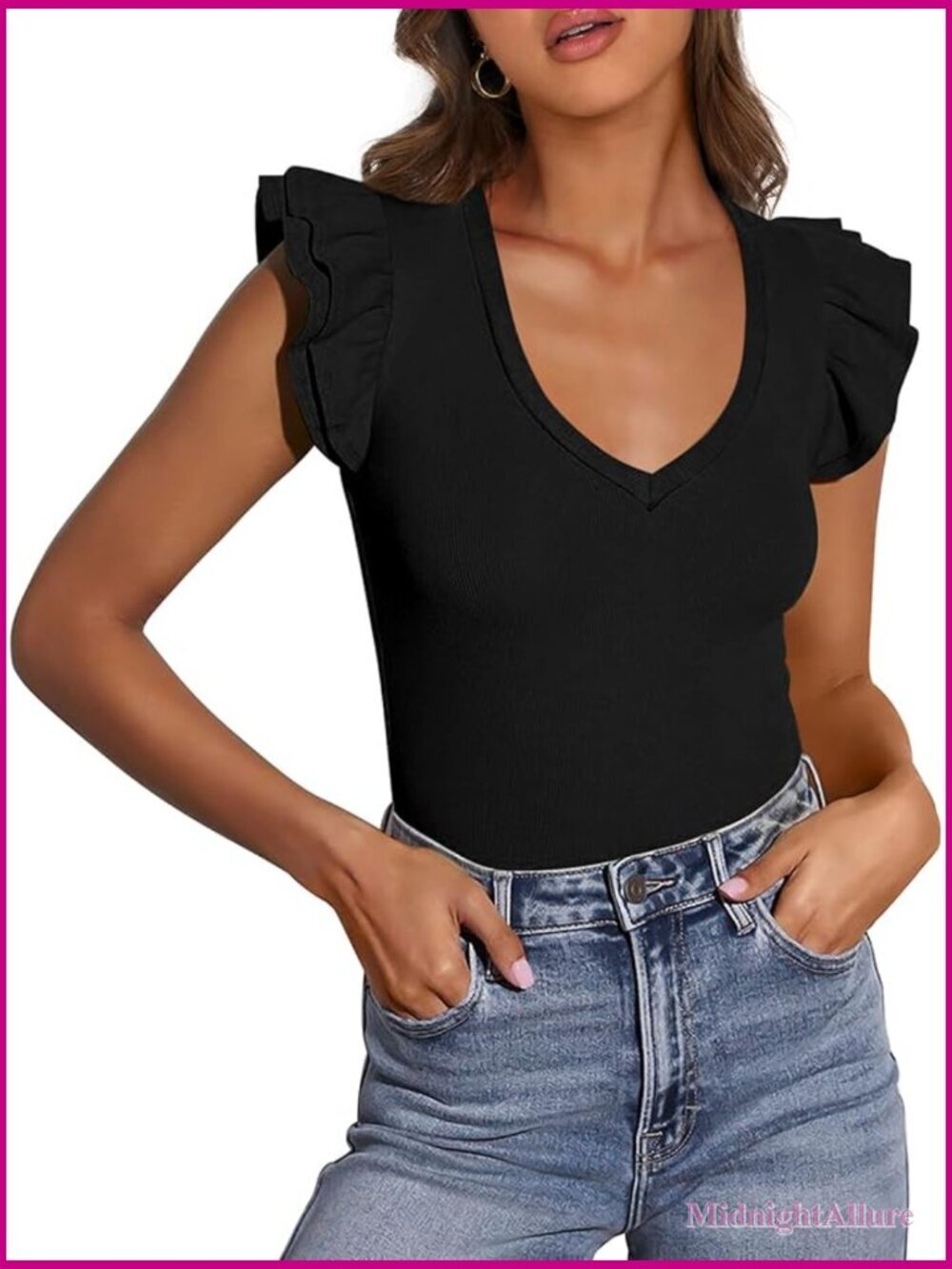 Slim Fit V Neck Ruffle Sleeveless Tank Top Going Out Blouse